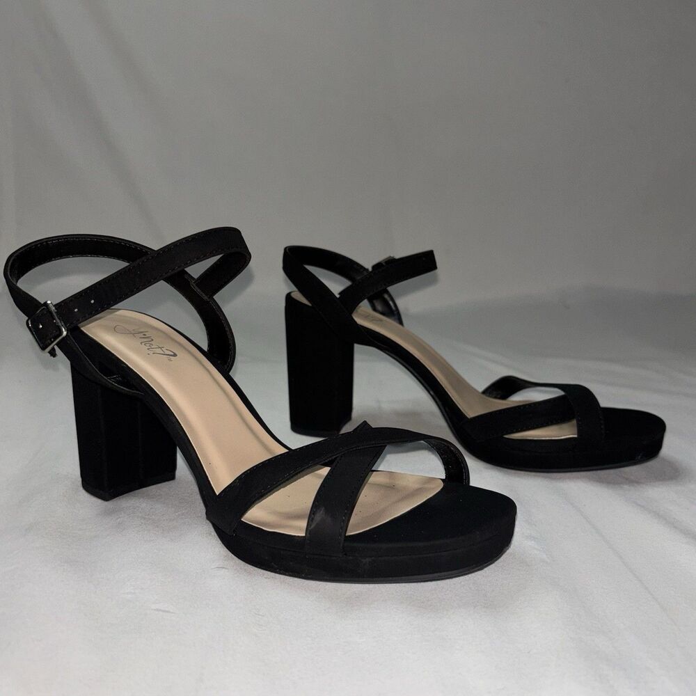 Y·Not? Black Crisscross Strappy Block Heel Sandals Ankle Strap
